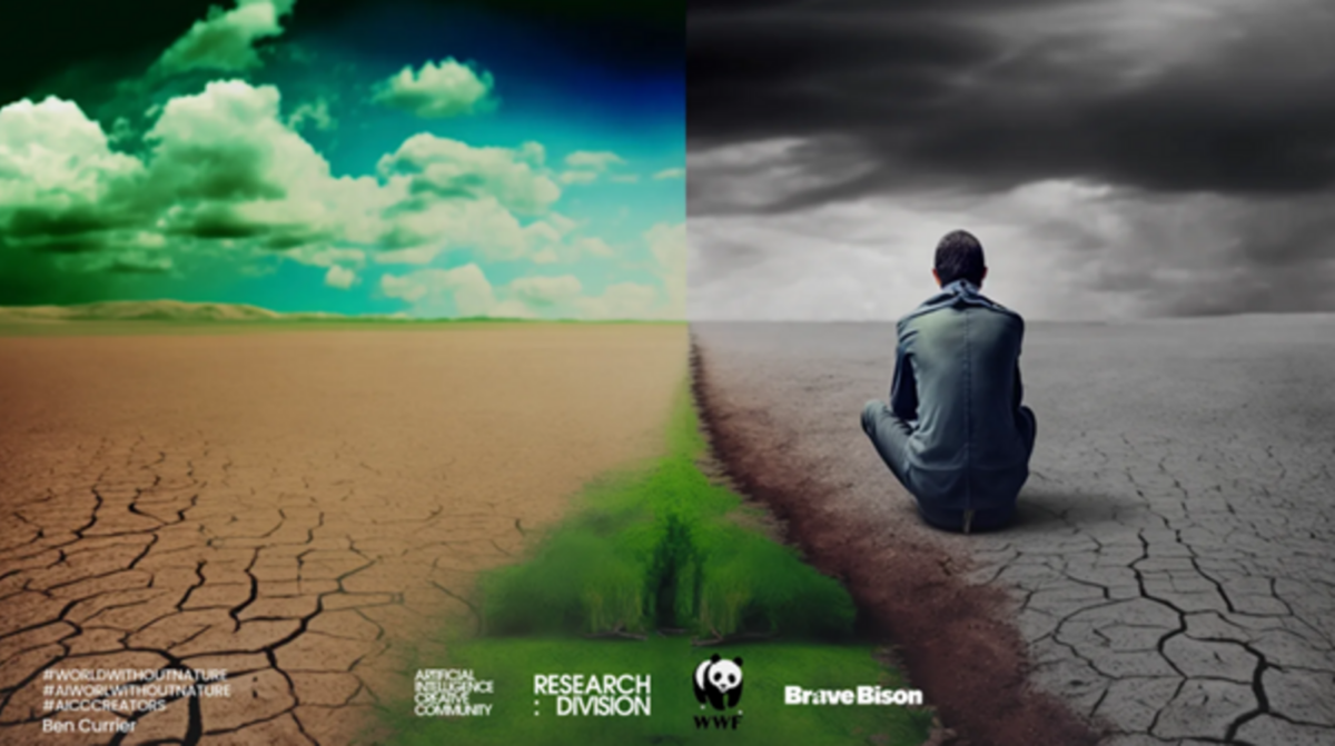 A symbolic AI visualization of a divided world: on the left, parched earth against a green sky; on the right, a man in a desolate gray landscape.